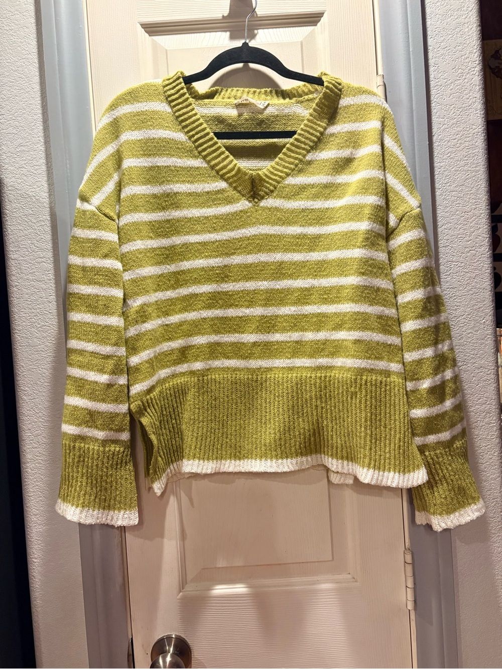 Striped V-Neck Sweater in Olive Green & White